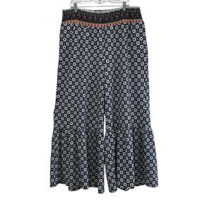 Bohemian Wide Leg Ruffle Bell Bottom Pull On Pants Sz XL Pockets Printed Hippie